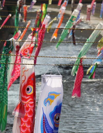 Carp kites line a river in Tokyo