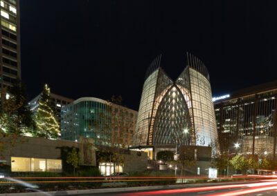 Light trails as cars pass a church near Lake Merritt in Oakland, CA
